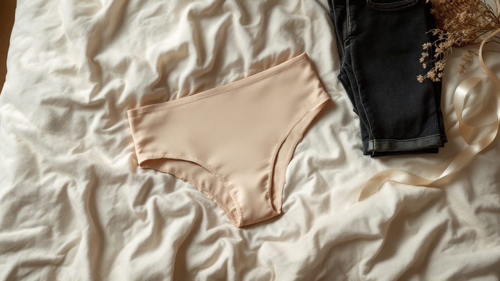 Culotte taille haute nude en microfibre posée à plat sur un drap froissé, à côté d'un jean plié