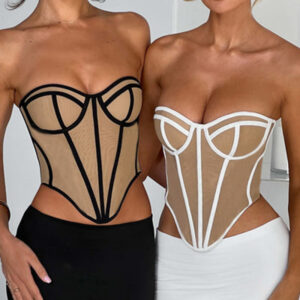 Corset bustier femme sans bretelles en tulle transparent effet nude avec baleines apparentes