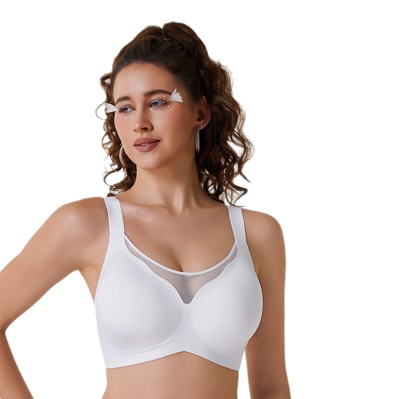 Soutien-gorge brassière blanc sans couture en maille côtelée avec décolleté en tulle transparent et larges bretelles réglables – Image 3