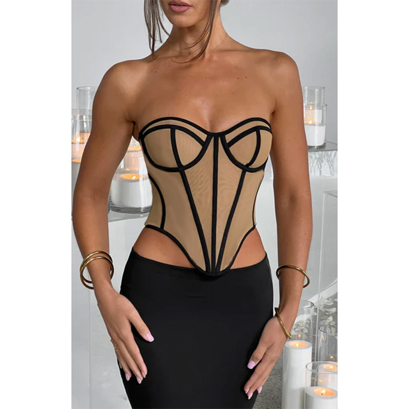 Corset bustier femme sans bretelles en tulle transparent effet nude avec baleines apparentes – Image 8