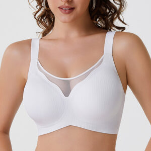 Soutien-gorge brassière blanc sans couture en maille côtelée avec décolleté en tulle transparent et larges bretelles réglables