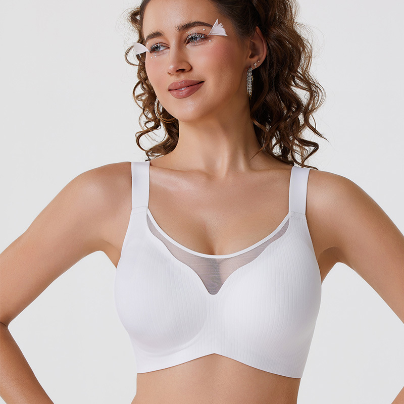 Soutien-gorge brassière blanc sans couture en maille côtelée avec décolleté en tulle transparent et larges bretelles réglables – Image 4