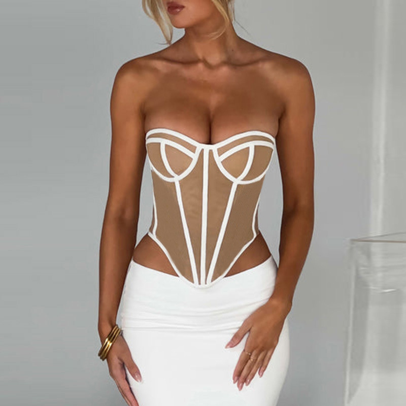 Corset bustier femme sans bretelles en tulle transparent effet nude avec baleines apparentes – Image 4