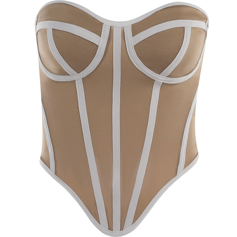 Corset bustier femme sans bretelles en tulle transparent effet nude avec baleines apparentes – Image 6