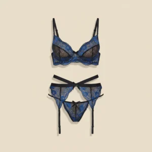 Ensemble 3 pièces dentelle bicolore et jarretelles croisées : packshot