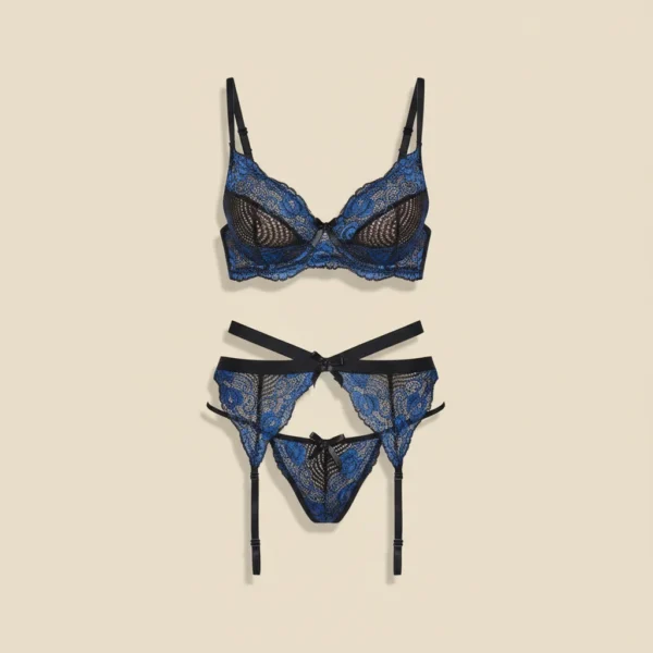 Ensemble 3 pièces dentelle bicolore et jarretelles croisées : packshot