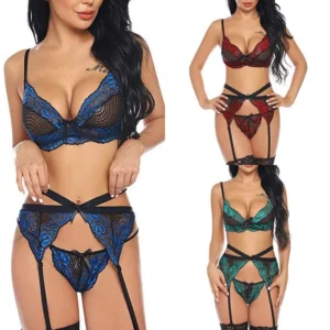 Ensemble lingerie 3 pièces en dentelle bicolore avec porte-jarretelles à lanières croisées — vue 1