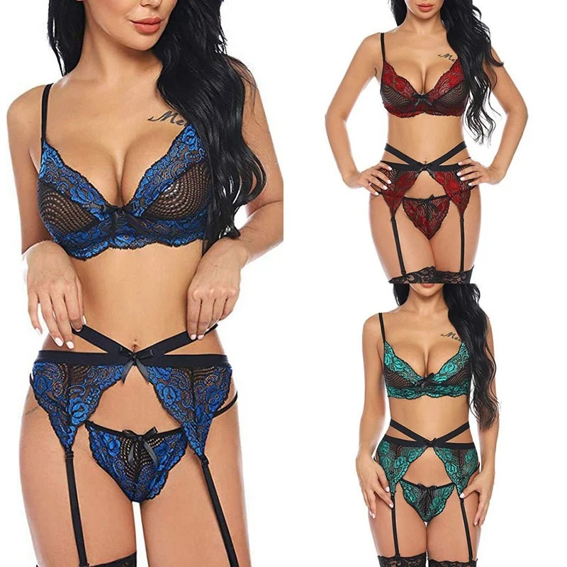 Ensemble 3 pièces dentelle bicolore et jarretelles croisées — vue 1