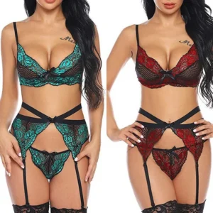 Ensemble lingerie 3 pièces en dentelle bicolore avec porte-jarretelles à lanières croisées — vue 3