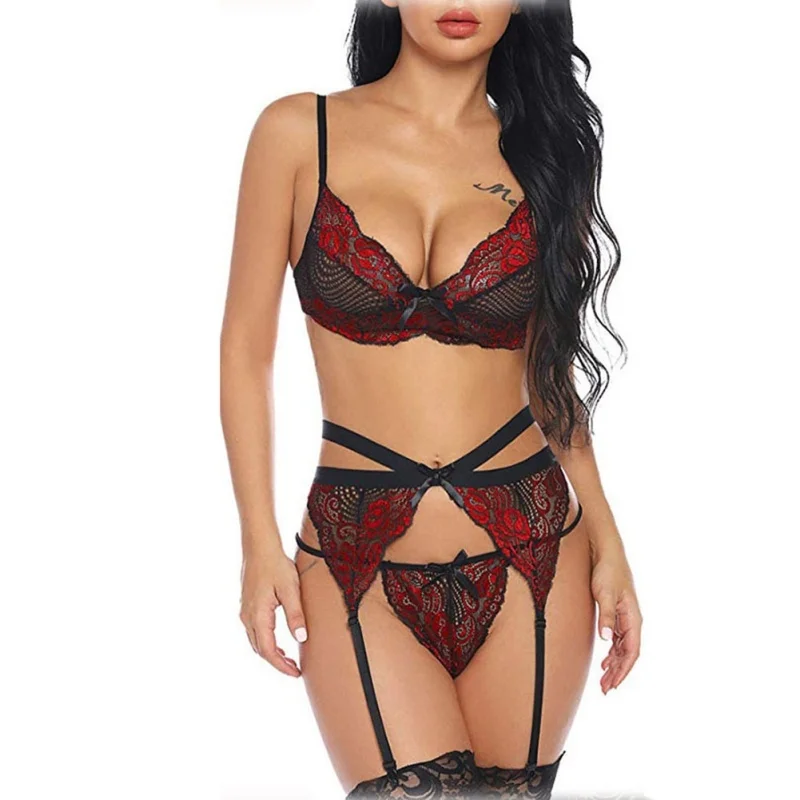 Ensemble lingerie 3 pièces en dentelle bicolore avec porte-jarretelles à lanières croisées — vue 4