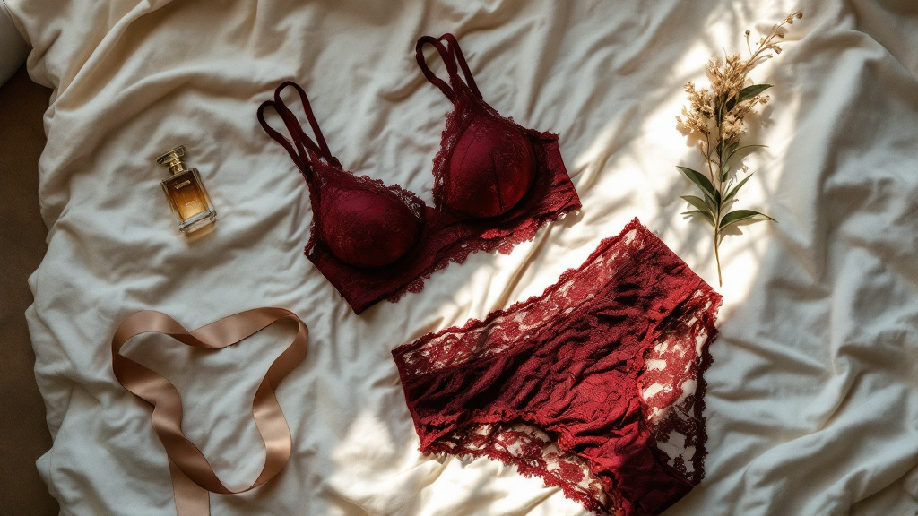 Ensemble soutien-gorge et culotte haute en dentelle bordeaux posés à plat sur un drap froissé