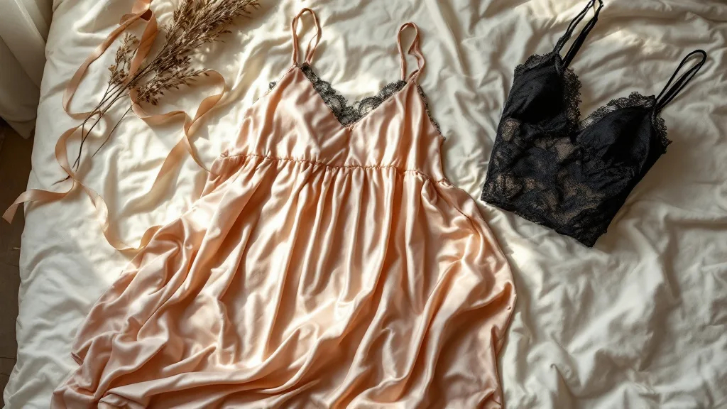 Nuisette en satin rose pâle posée sur un drap froissé, à côté d'une nuisette en dentelle noire