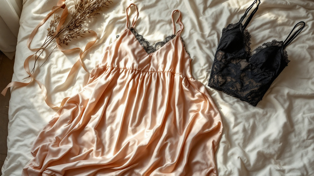 Nuisette en satin rose pâle posée sur un drap froissé, à côté d'une nuisette en dentelle noire