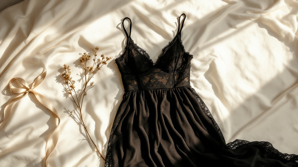 Nuisette en dentelle noire posée à plat sur un drap en lin froissé, ruban de soie et fleur séchée