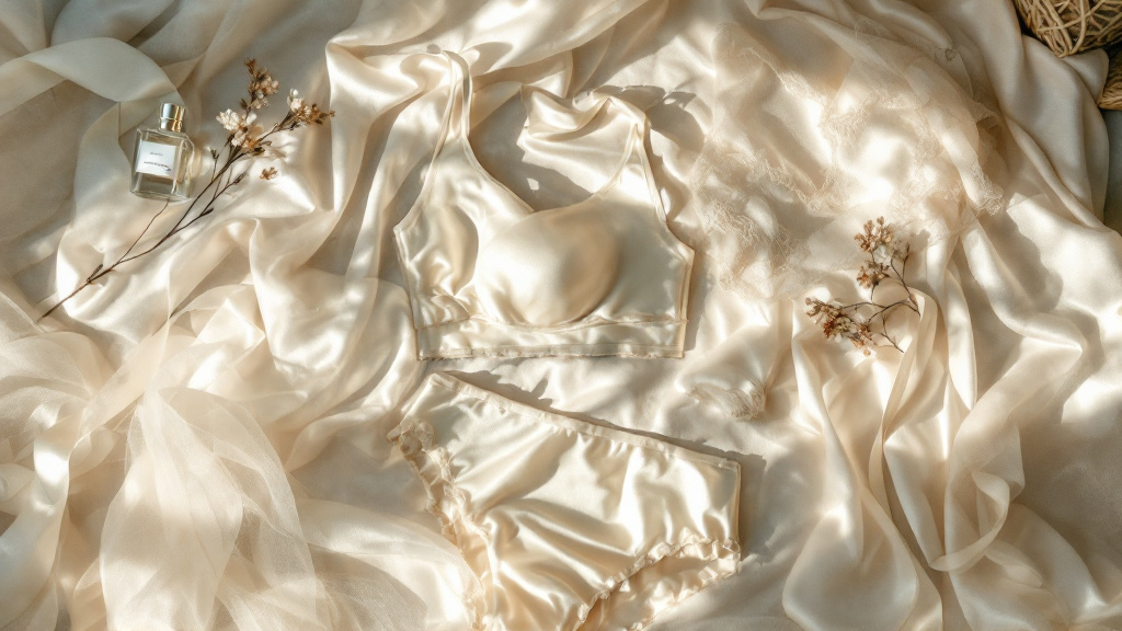 Bustier en satin ivoire et culotte sans couture posés sur une soie drapée avec tulle et ruban