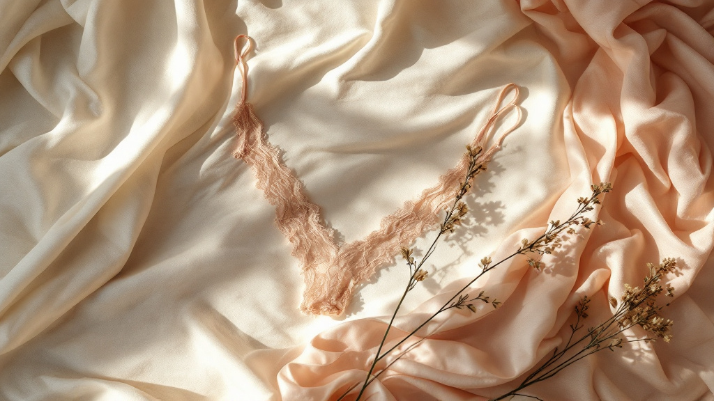 String ficelle posé à plat sur un drap de lin froissé, ruban de soie et fleur séchée à côté