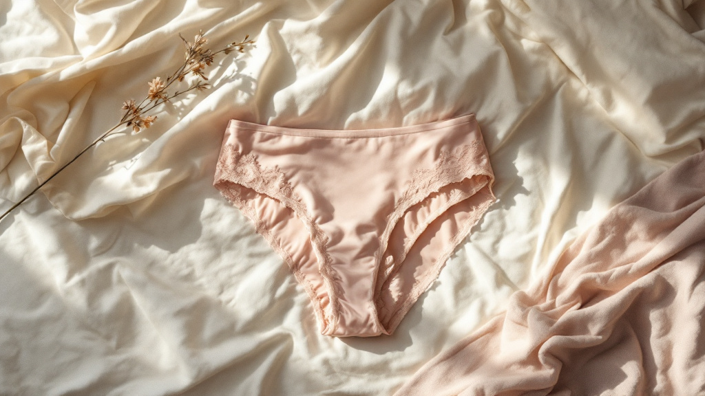 Tanga en coton rose poudré plié sur un drap froissé ivoire, avec une tige de fleur séchée